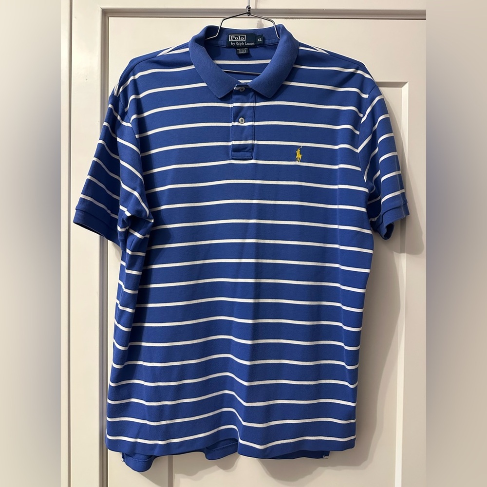 Polo Ralph Lauren Polo Shirt Mens XL Blue White Striped Yellow Pony Short Sleeve
